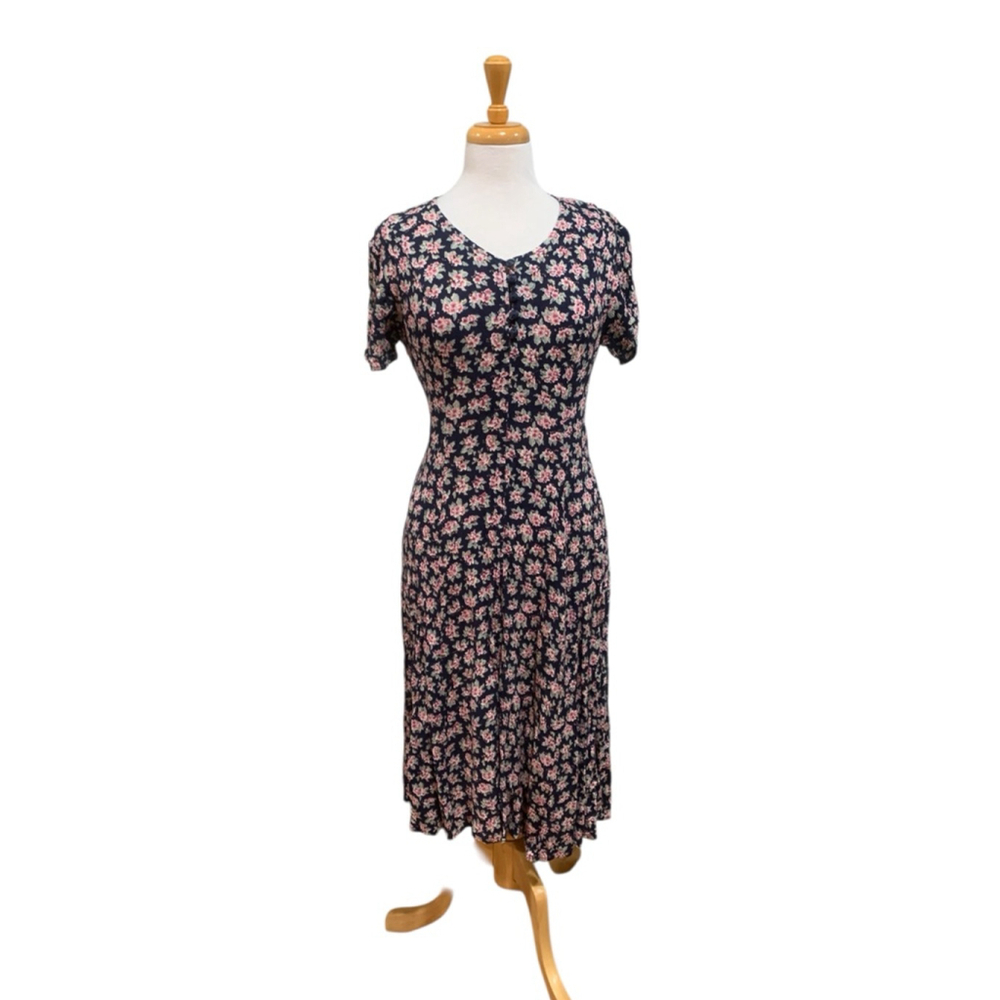 Vintage 90’s rayon corset back BETSY'S THINGS Navy Pink Floral Dress Petite 10P